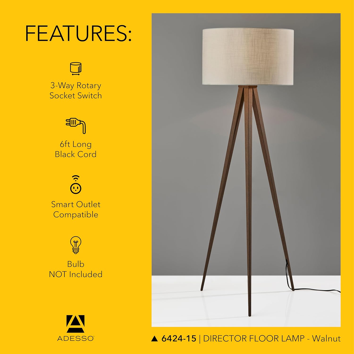 Adesso Floor Lamp with Walnut Rosewood Veneer and Beige Fabric Lampshade – 3-Way Adjustable Brightness, Lamp for Bedroom, Living Room, and House Décor, 60.25” x 21”