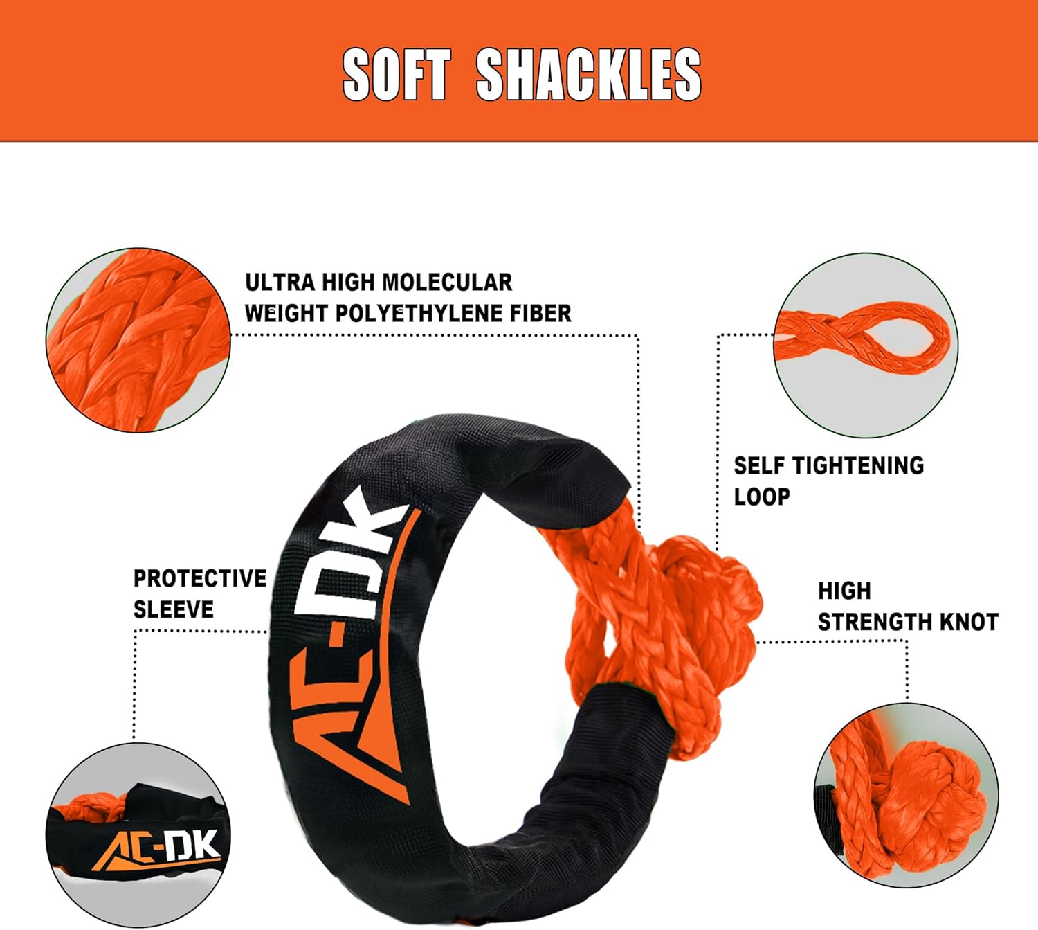 AC-DK Kinetic Recovery Rope (1in x 30ft ‎Orange) 48,500lbs Snatch Strap,Heavy Duty Stretch Nylon Towing Ropes with 2pcs Soft Shackles for Offroad Vehicle,Jeep,SUV,ATV,UTV,Tractor Elastic Ropes Kit
