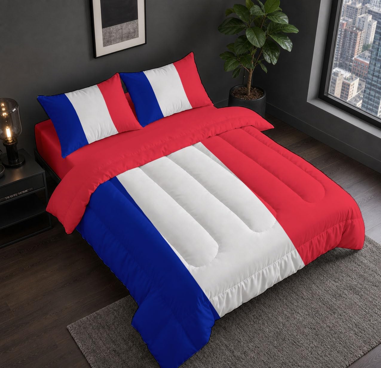 Classic Ethnic Comforter Set Full Size, French Flag Print Breathable Bedding Set for Girls Boys Teens, Red Quilt Duvet with 2 Pillow Cases