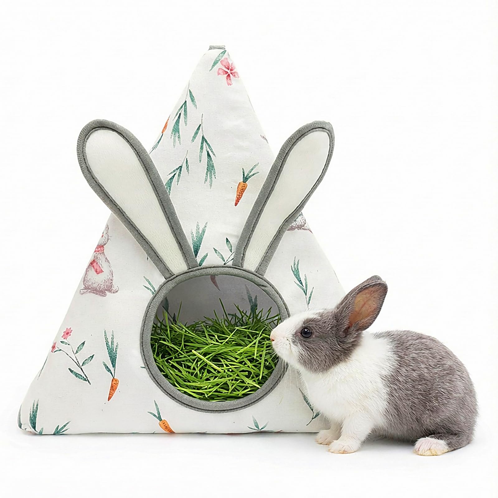 Soft Cotton Bunny Hay Feeder Bag, Cute Triangle Rabbit Hay Holder with 3D Ears, Hanging Hay Dispenser for Guinea Pigs, Chinchillas & Small Pets, Breathable & Washable Cage Accessories