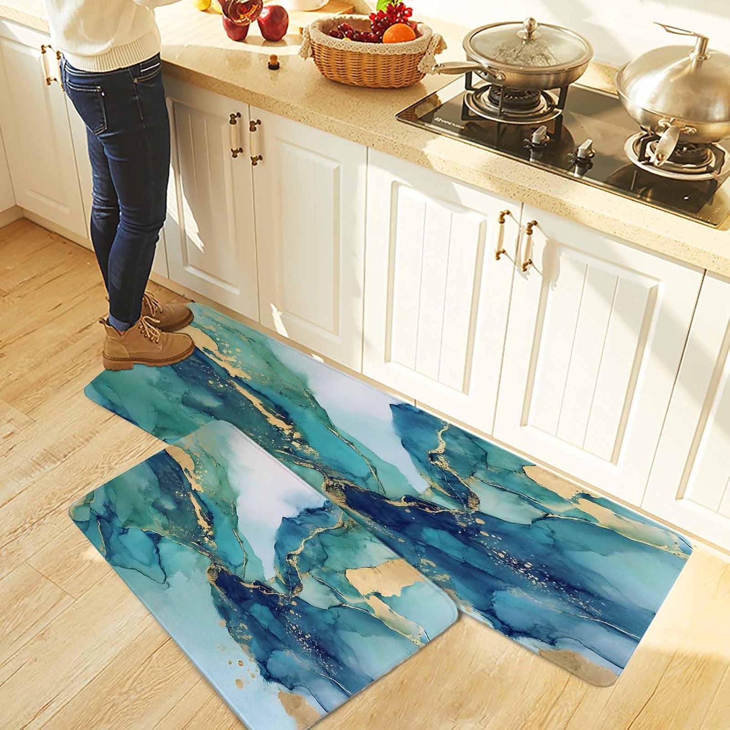 Ombre Turquoise Marble Kitchen Rugs and Mats Set of 2, Non-Slip Kitchen Sink Mat, Modern Minimalist Art Gradient Washable Doormat Bathroom Rugs Runner for Bedroom/Living Room 23.6"x35.4"+23.6"x70.9"