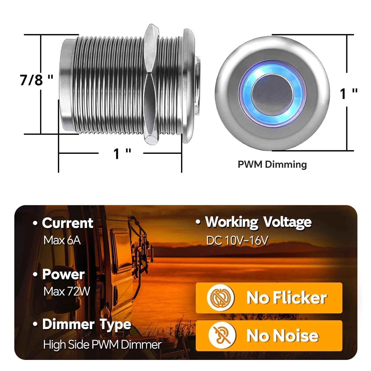 12V Light Dimmer, Recessed Stainless 12 Volt PWM Dimmer Switch for RV Boat Car Lighting, Push Button Dimmer for 12V LED Strip Light Rope Light, 3/4” Drill Hole (2Pack-Upgrade)
