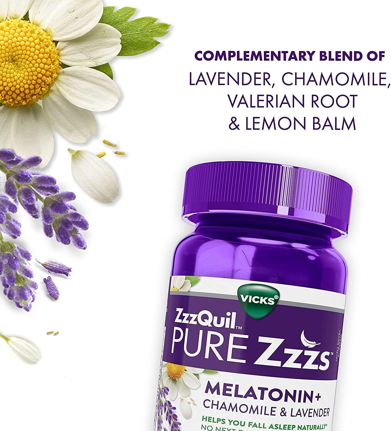 ZzzQuil PURE Zzzs, Melatonin Sleep Aid Gummies with Lavender, Valerian Root and Chamomile, Natural Wildberry Vanilla Flavor, Non-Habit Forming, Drug-Free