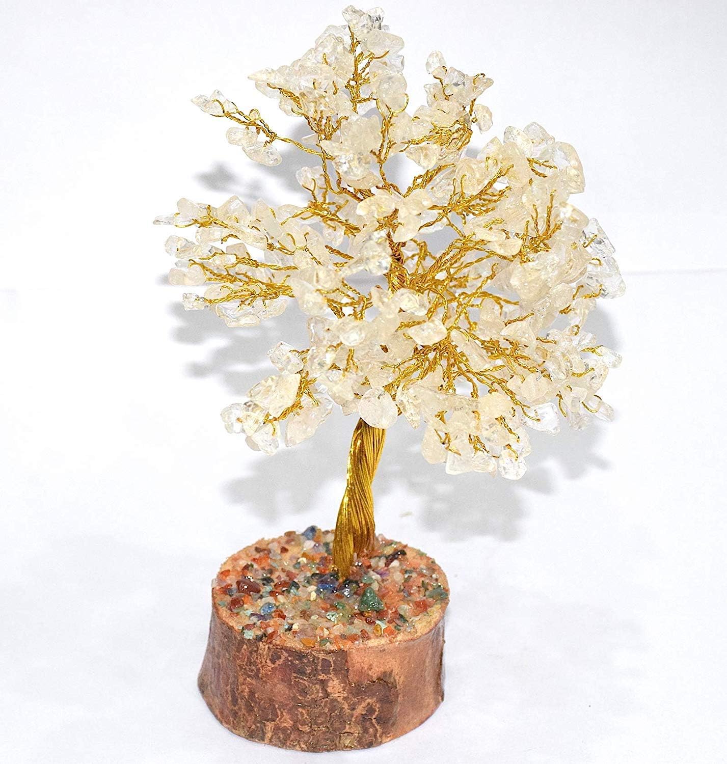 Clear Quartz Gemstone Feng Shui Healing Crystal Bonsai Fortune Money Tree for Table Home Décor, Wealth Health Good Luck Golden Wire