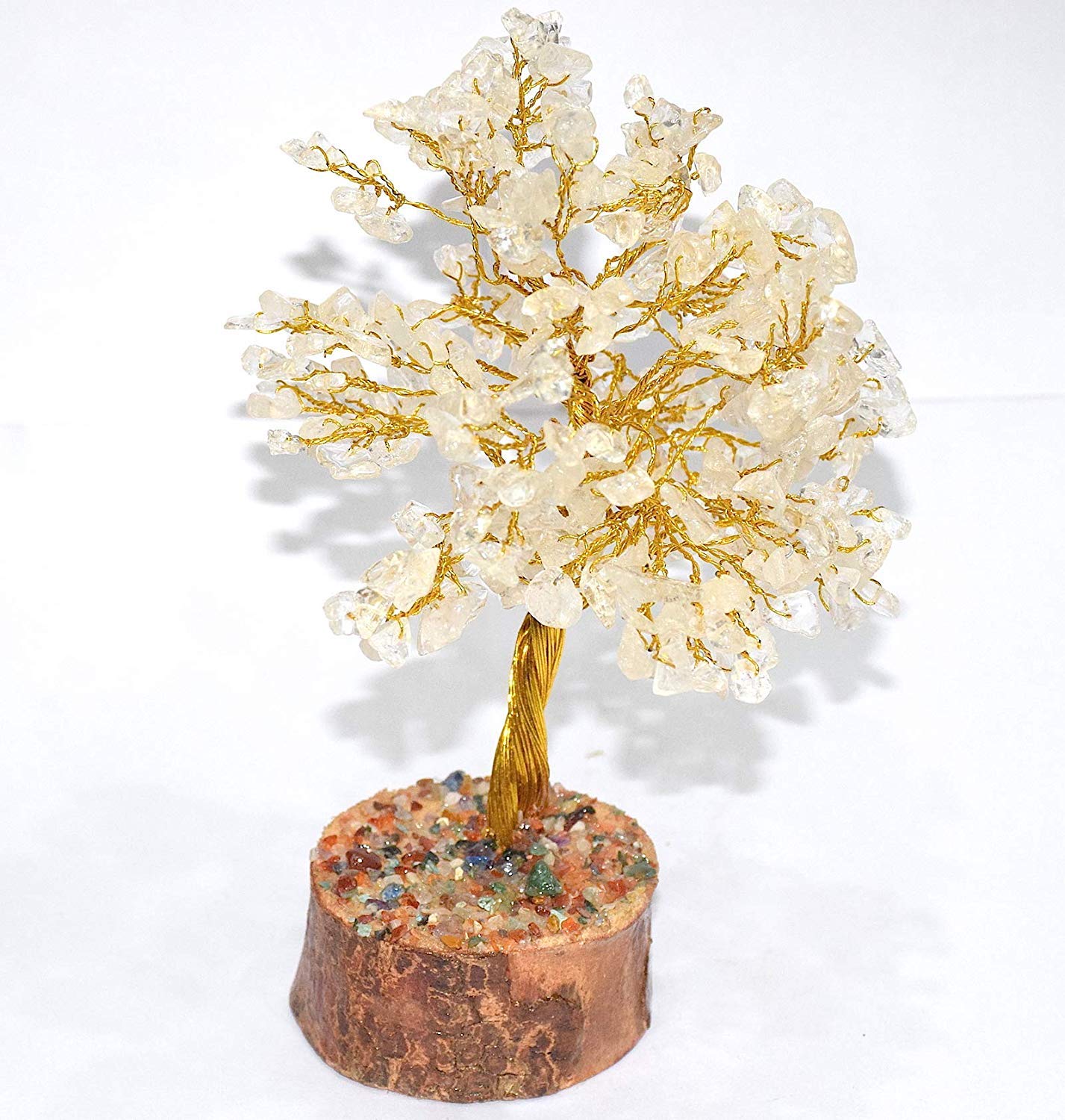 Clear Quartz Gemstone Feng Shui Healing Crystal Bonsai Fortune Money Tree for Table Home Décor, Wealth Health Good Luck Golden Wire