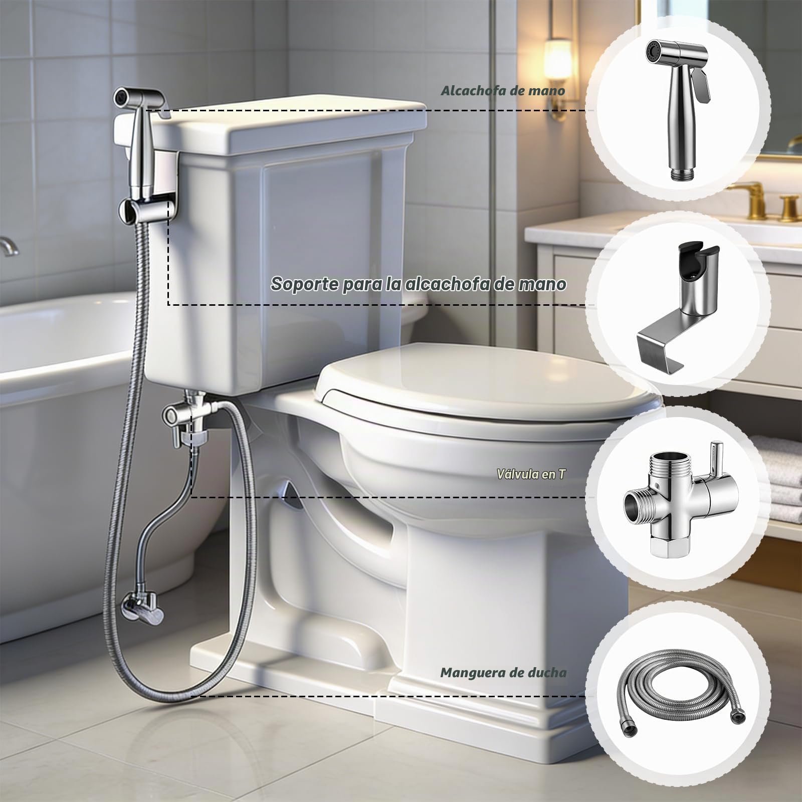 Set de Ducha Bidé de Mano, Pulverizador de Bidé de Mano con Válvula en T G1/2" y Adaptador de Inodoro G3/8", Manguera de 150 cm, Cabezal de Ducha para Pañales y Baño de Mascotas
