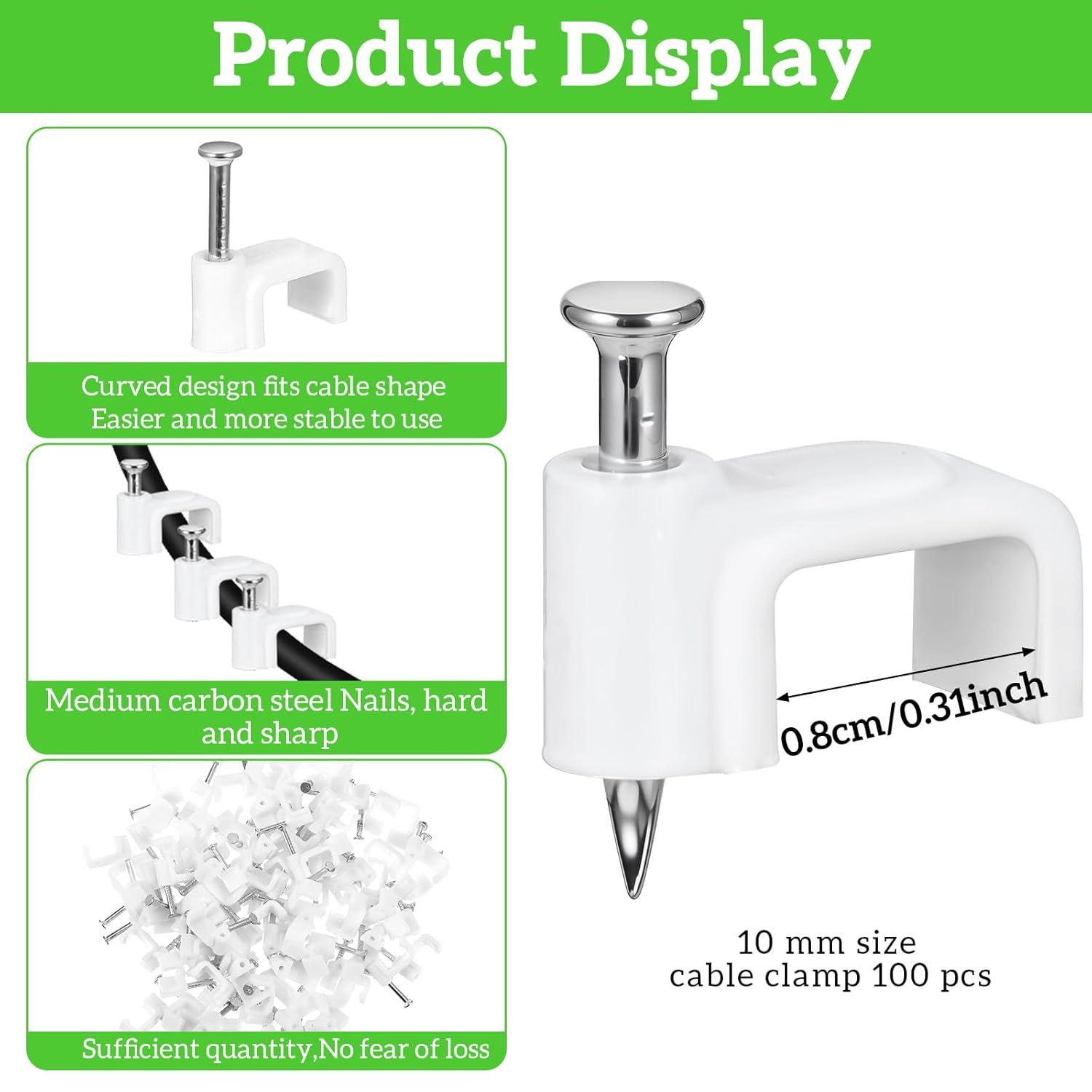 100 pcs Plastic Cable Clamps Clips, 8mm U-Shape Wire Wall Clips with Steel Nails, White Cable Tacks for Coax Ethernet TV Cord Management, Indoor Outdoor Use(8mm)