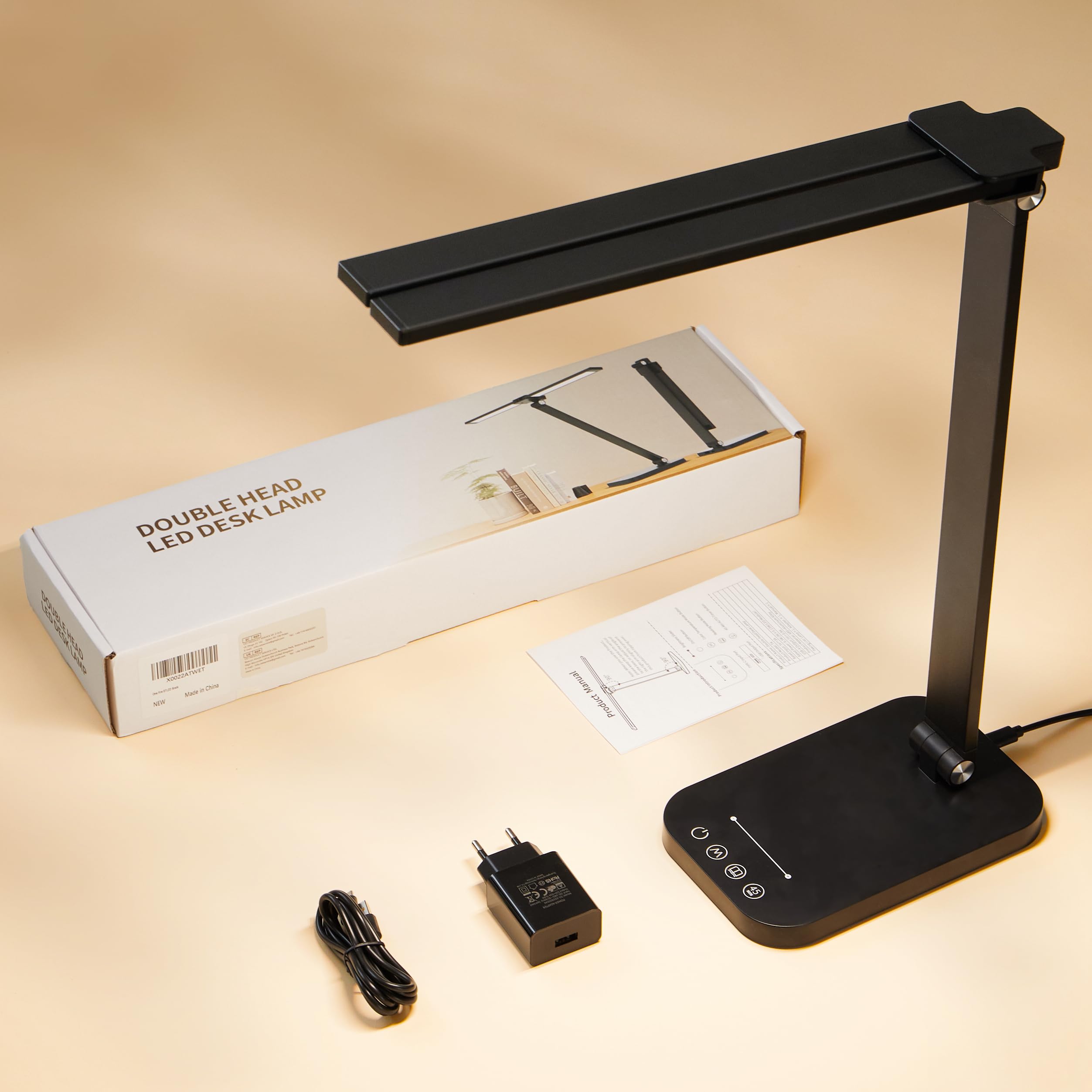 One Fire Led Lampe de bureau double tête, 10 niveaux de luminosité, 5 couleurs, avec prise d'alimentation, pliable et réglable, minuteur de 45 minutes