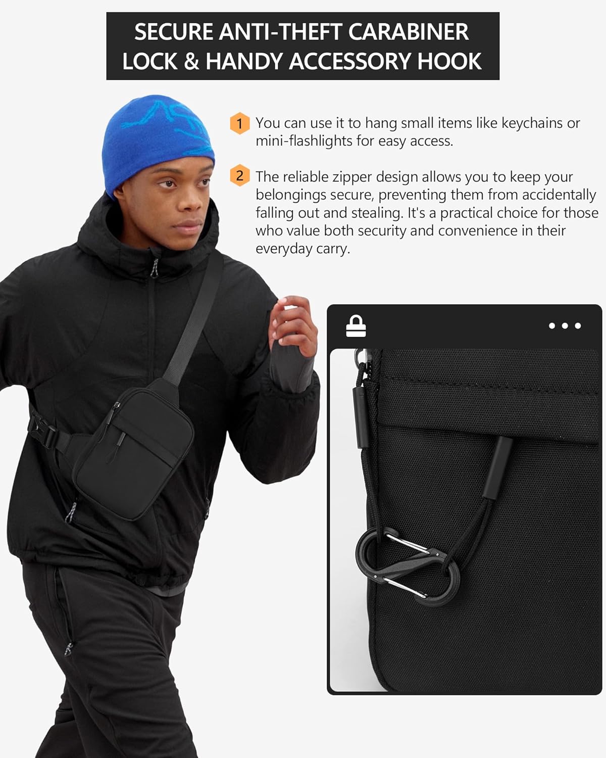 Peicees Small Anti-theft Sling Bag for Men Women Waterproof Mini Crossbody Backpack Chest Bag Travel Passport Phone Holder, Black - Image 2