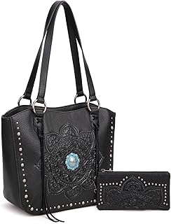 Montana West Western Tooling Tote Bag with Wallet Set for Women Vintage Studded Top Handle Shoulder Handbag