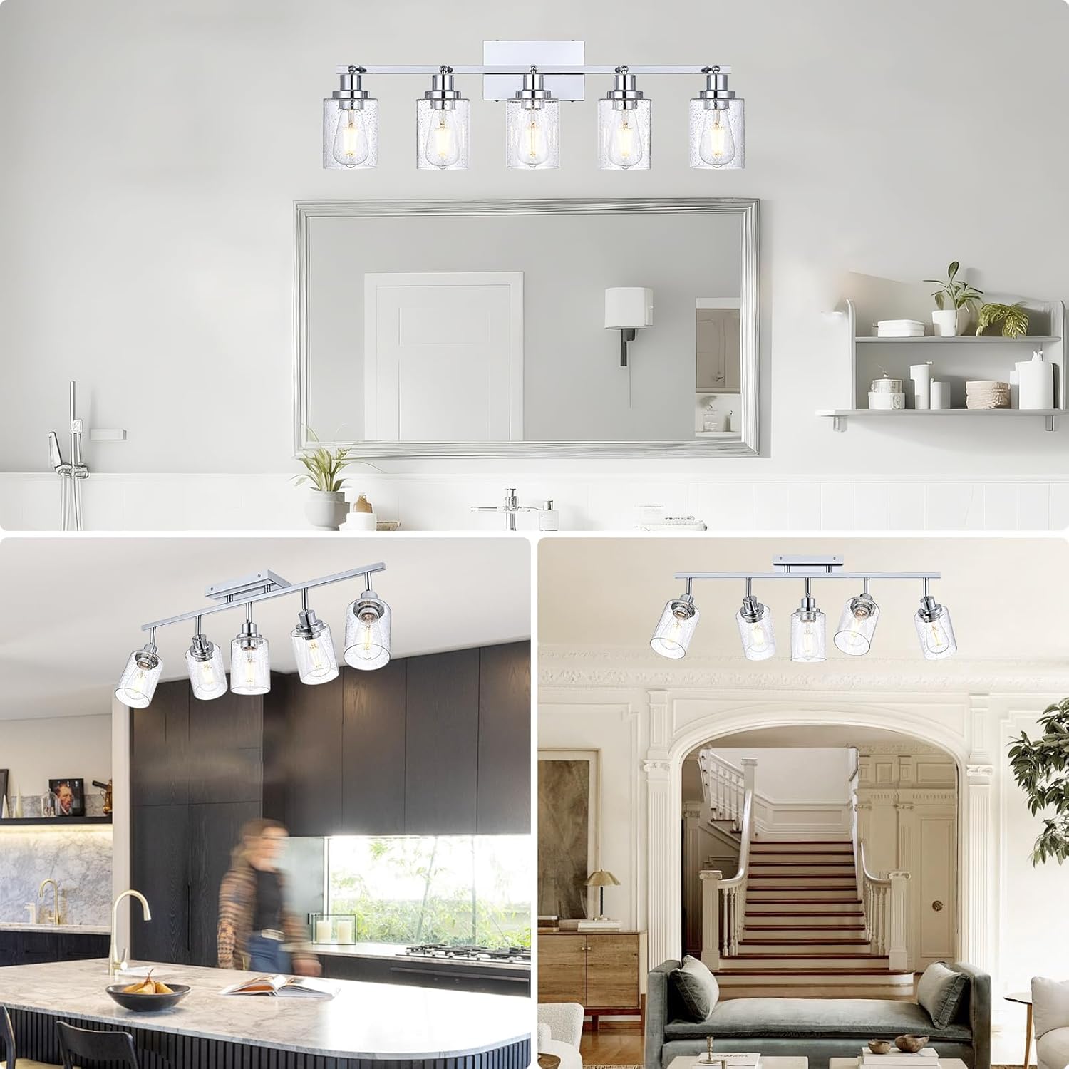 5-Light Chrome Track Light Fixture Ceiling Track Lighting Kit with Seeded Glass Track Lighting Heads Ceiling Vanity Light, Multi-Directional Rotating Spotlight Fixtures for Kitchen Accent Shop