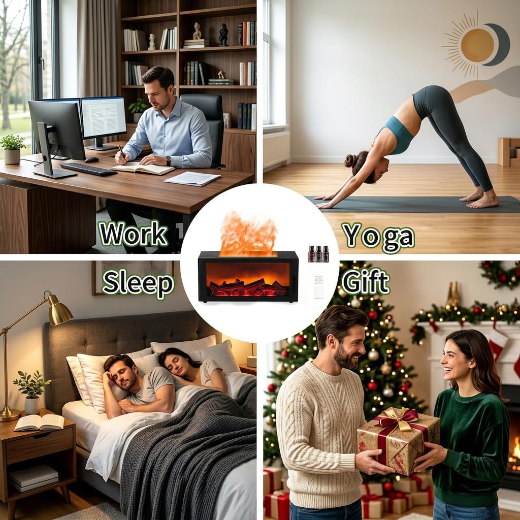 300ML Essential Oil Aroma Diffuser,Flame Air Humidifiers,Colorful Flame Diffusers for Home,Diffuser for Aromatherapy Yoga Room Bedroom, Office, Home with Remote Timer and Auto Off