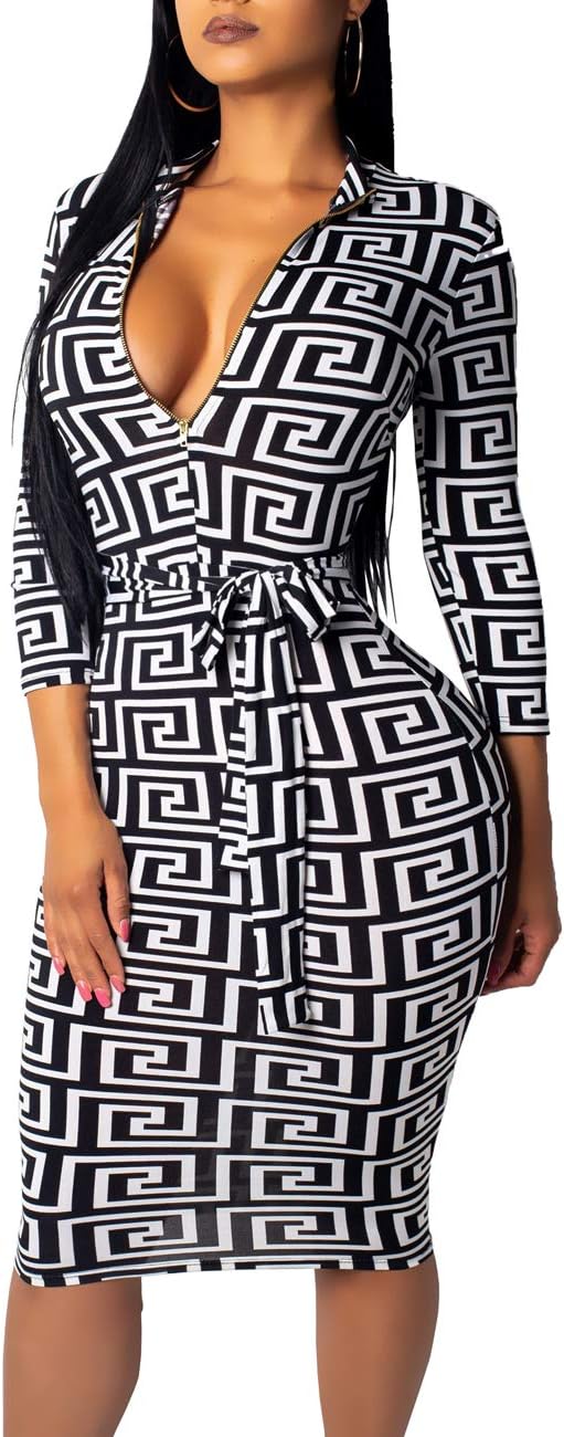 SxClubWomen Sexy Dresses Bodycon Church 3/4 Sleeve African Print Pencil Party Office Dress Work with Split