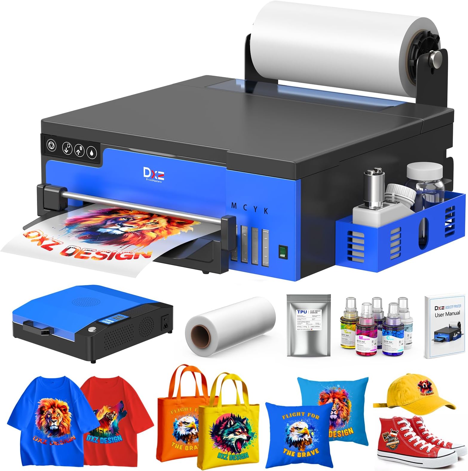 DXZ A4 DTF Printer with Roll Feeder-XP600 Doubled Printing Speed Compared to L1800 and L805,Built-in White Stirring System for DIY T-Shirt,2-Year Ink Included (Printer+Oven)