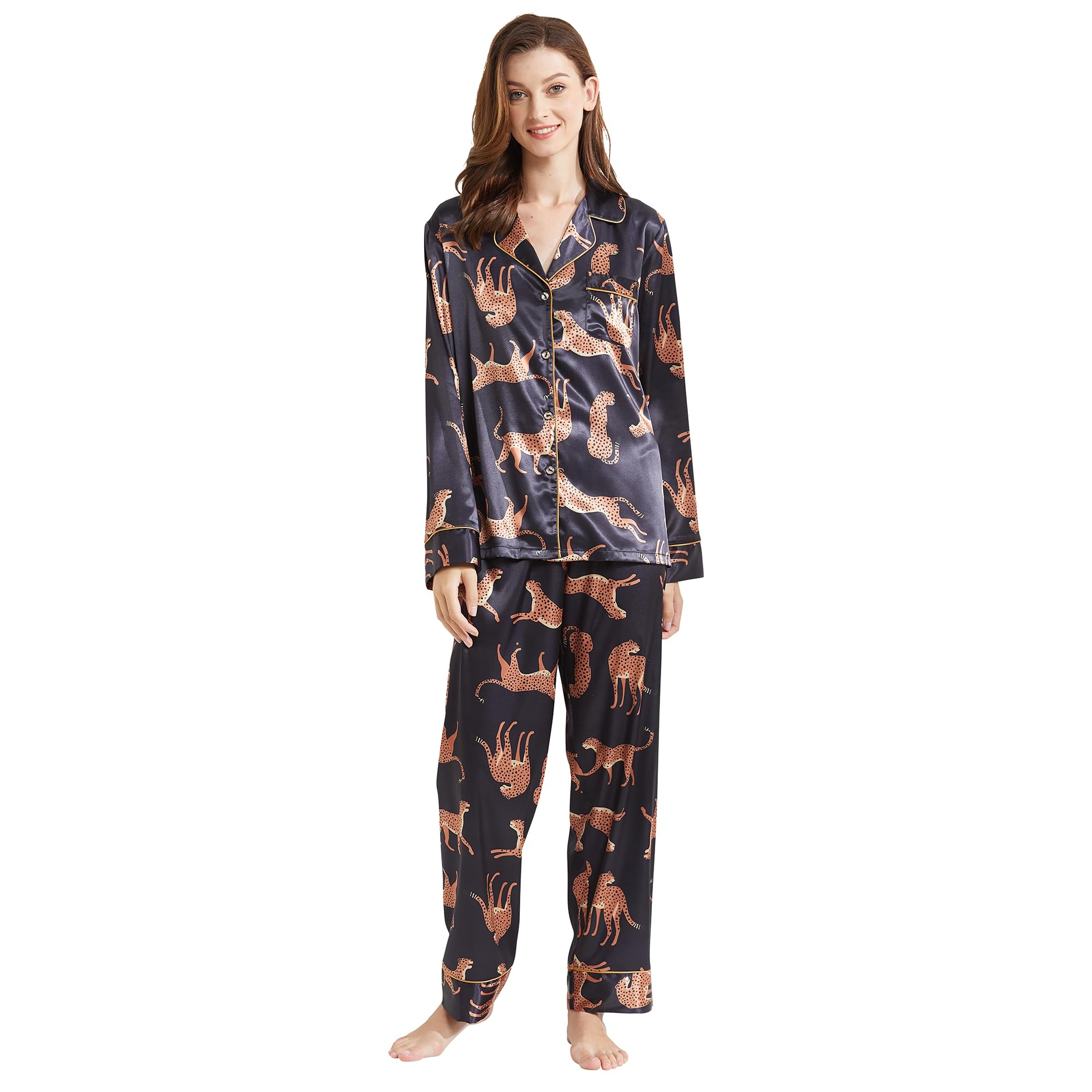 Pijama clásico de satén de seda para mujer, manga larga, con botones, sedoso, 2 piezas, ropa de dormir