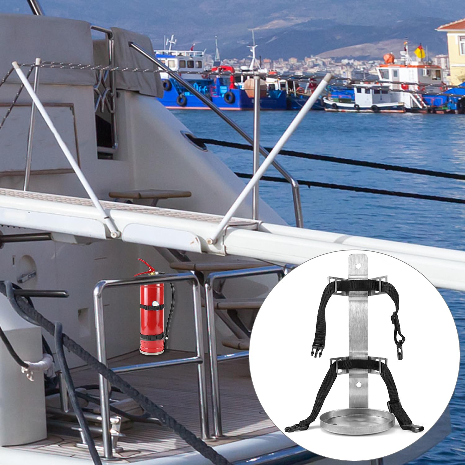 QWORK Paquete de 2 soportes de metal para extintor de incendios, soporte de pared de acero inoxidable resistente compatible con extintores de incendios de 6 a 9 libras, correas ajustables, para el
