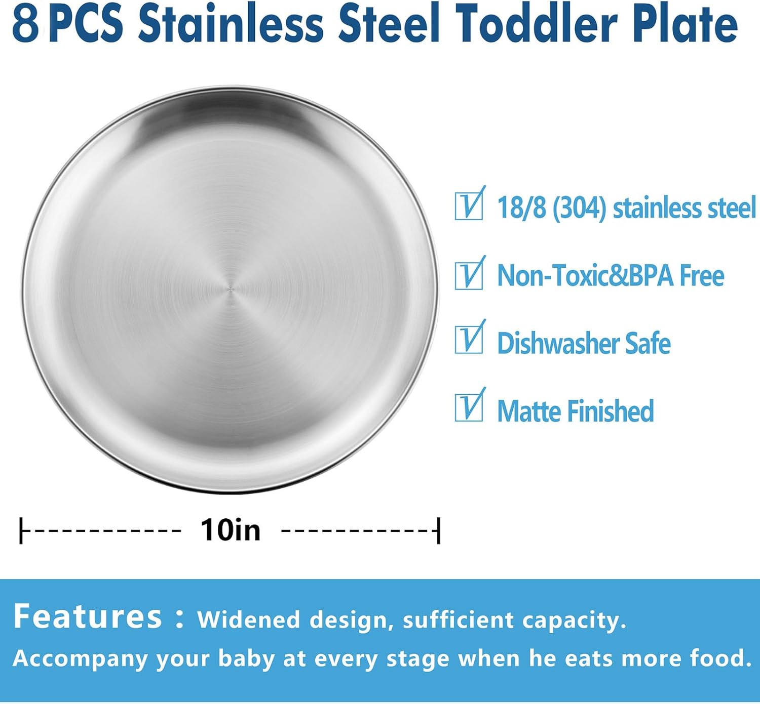 HaWare 8-Piece 18/8 Stainless Steel Plates, Metal 304 Dinner Dishes for Kids Toddlers Children, 10 Inches Feeding Serving Camping Plates, Reusable and Dishwasher Safe