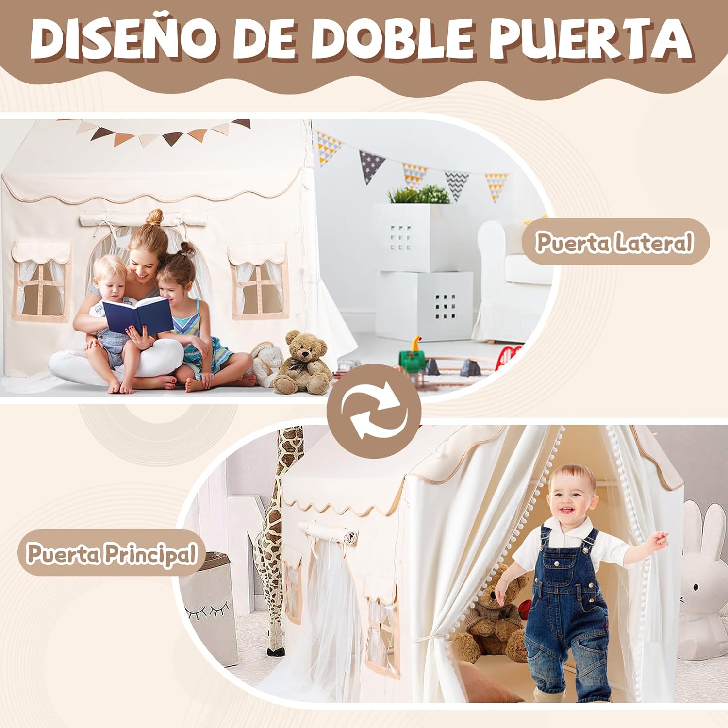 Diagram showing the double door design of the play tent, with a main door and a side door.