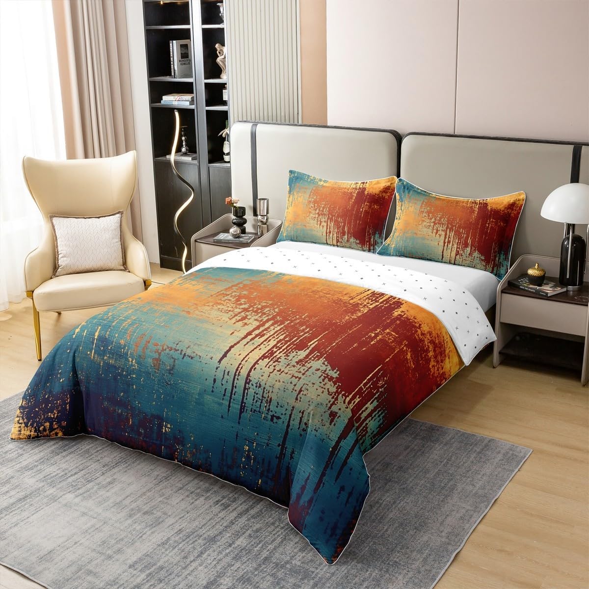 jejeloiu Retro Watercolor Design Duvet Cover 100% Cotton Queen Size Boys Girls Abstract Art Bedding Set Breathable Soft Teal and Orange Colorful Art Artwork Comforter Cover 3Pcs Bedroom Decor Zipper