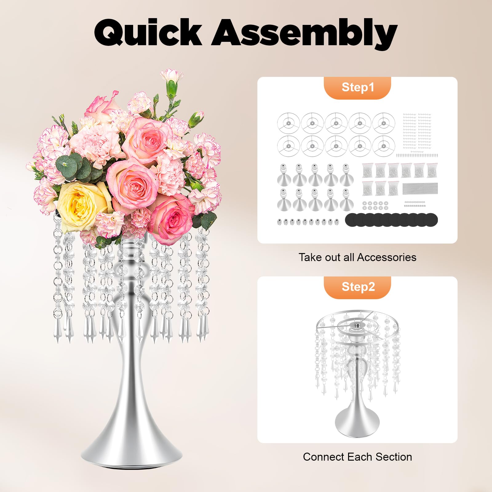 Set di 10 supporti per fiori da tavolo, altezza 35 cm, in cristallo, per cerimonie, ricevimenti e matrimoni, argento