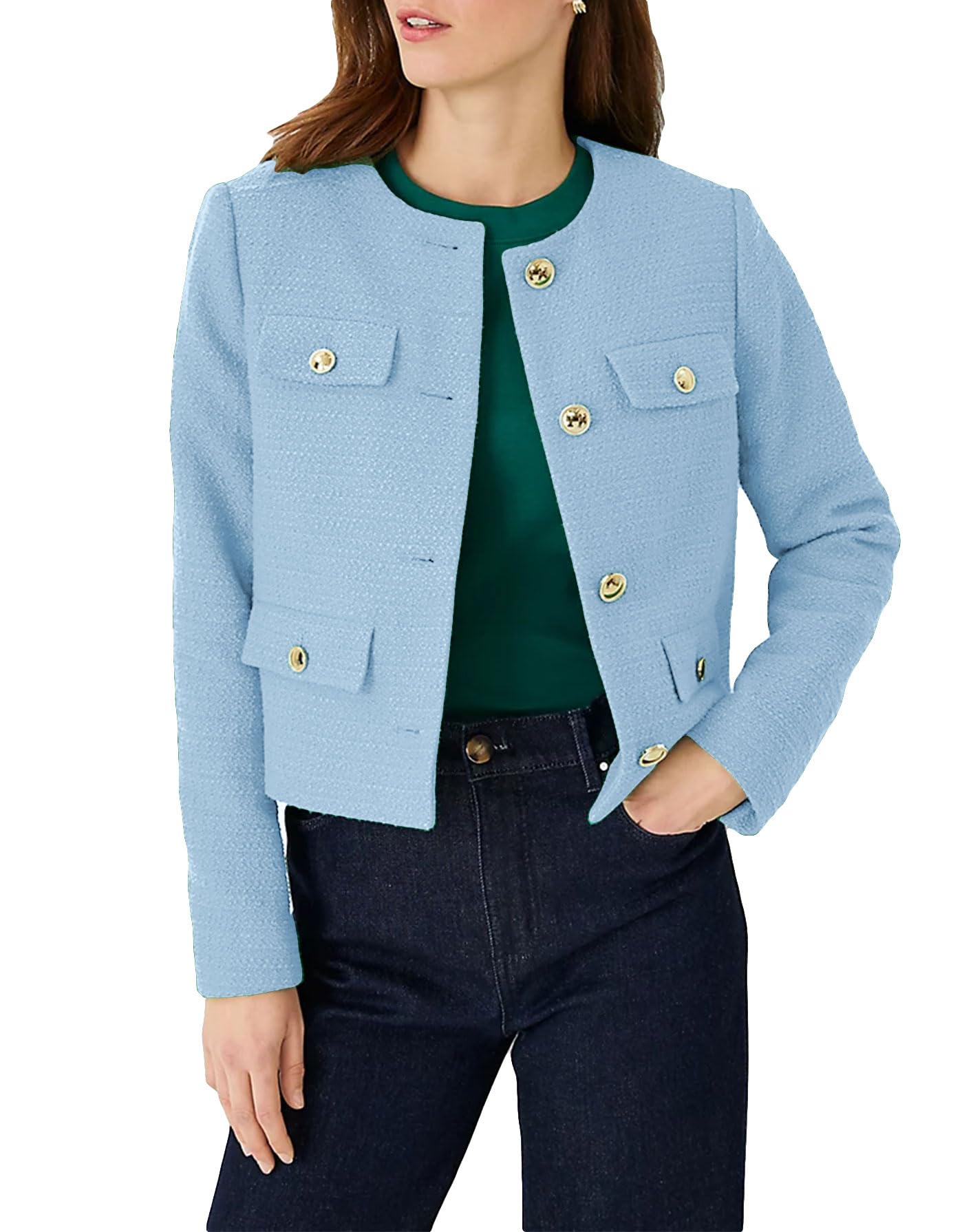 YEXPINE Blazer court en tweed pour femme, élégant, sans col, tenue décontractée