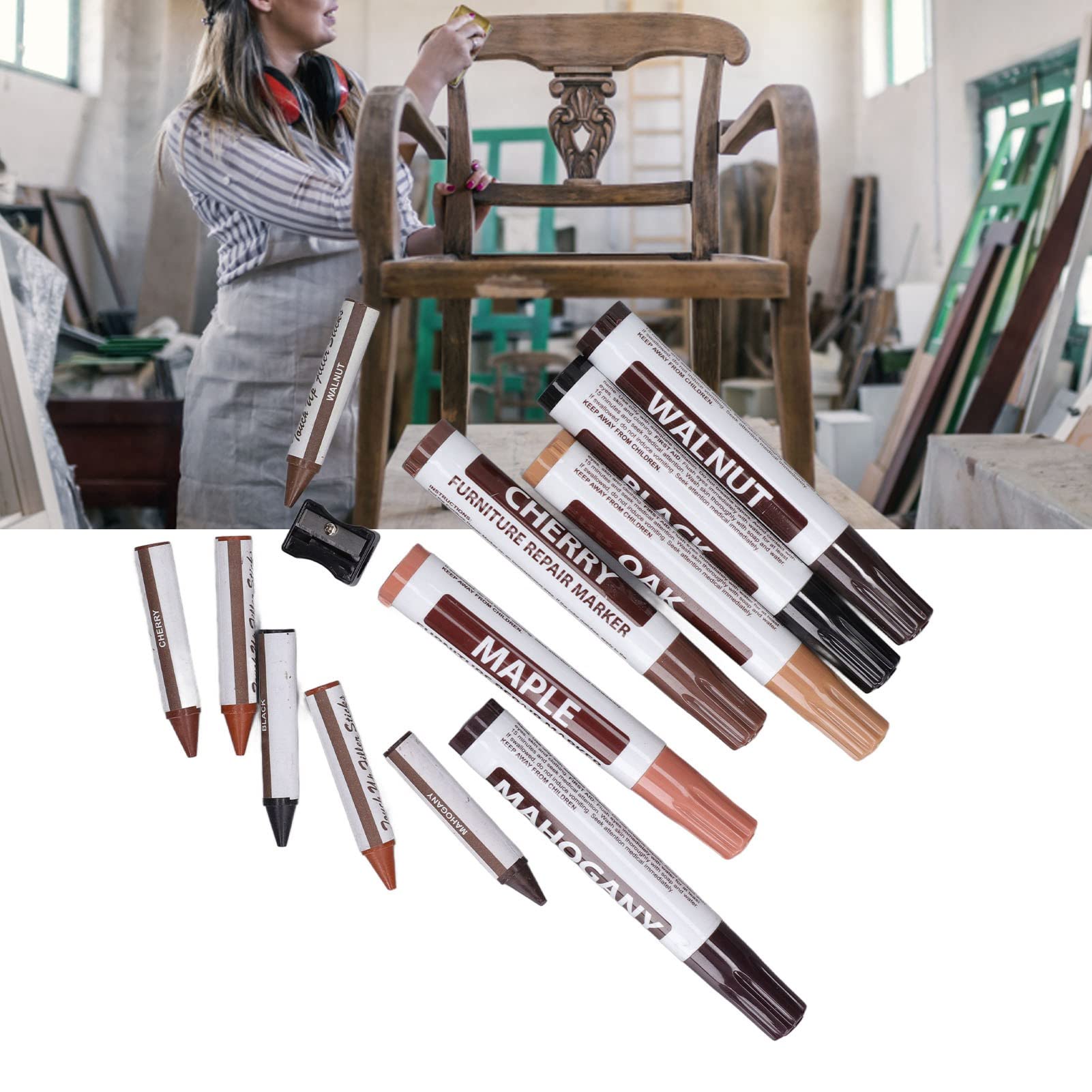 Natudeco 6Pcs Wood Scratch Repair Pens Quick Drying Furniture Markers Scrub Proof Wood Furniture Repair Tools for Floors Cabinets Tables Bedposts Doors