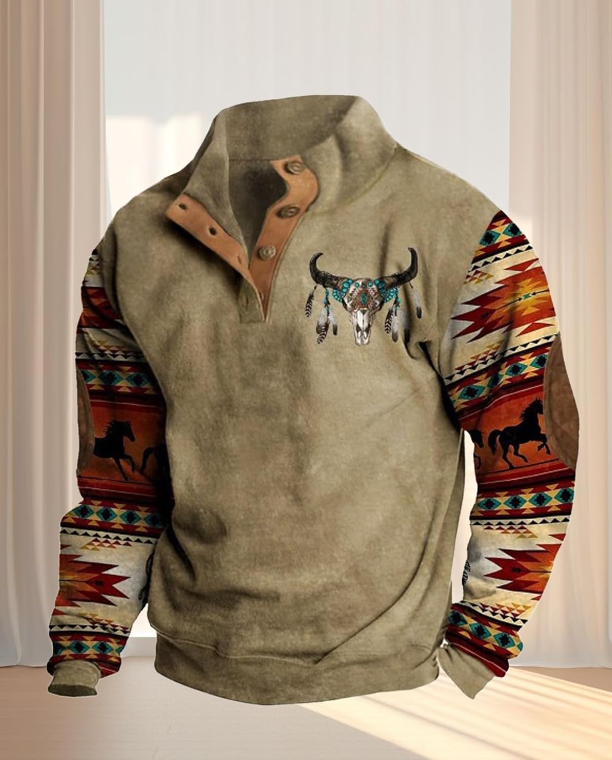 Western Sweatshirts for Men Aztec Ethnic Print Quarter Zip Pullover Fleece Hoodies Casual Stand Collar Sweatshirt - Image 2