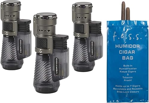 Vertigo by Lotus Cyclone - Encendedor de cigarros triple color carbón, paquete de 3 unidades, más bolsa de humidor de cigarros FESS gratis
