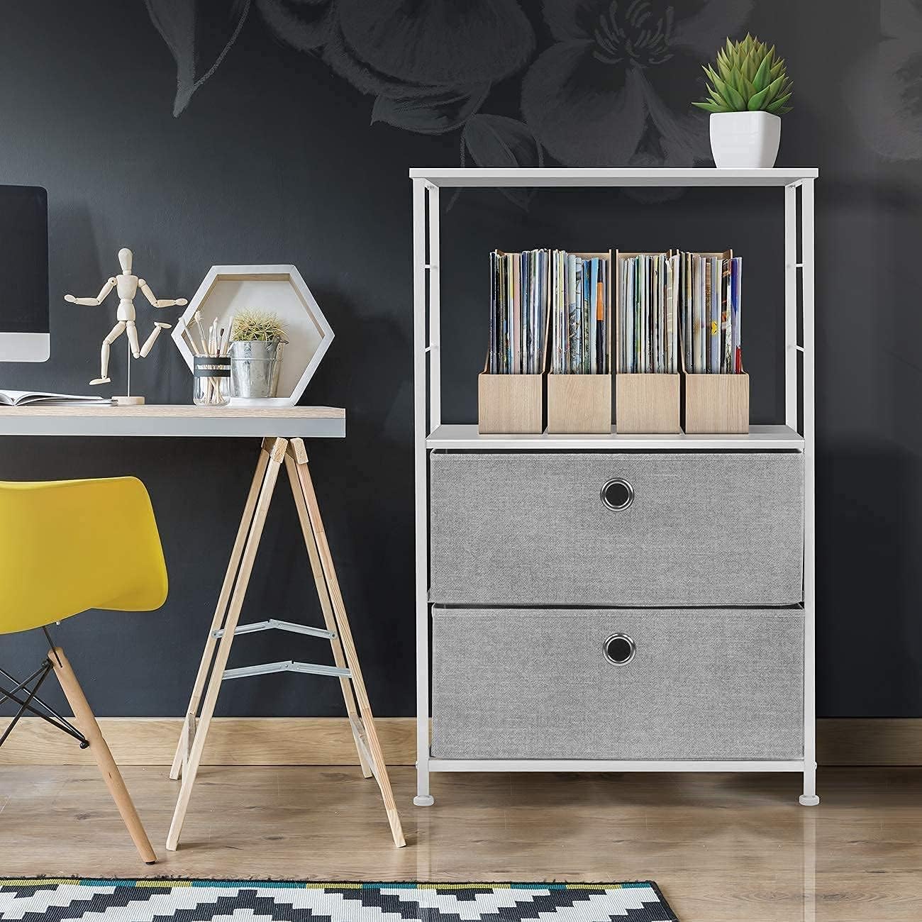2-Drawer Nightstand with Shelf Storage Bedside Furniture & Accent End Table Chest for Home, Bedroom, Office, College Dorm, Steel Frame, Wood Top, Easy Pull Fabric Bins (White/Gray)
