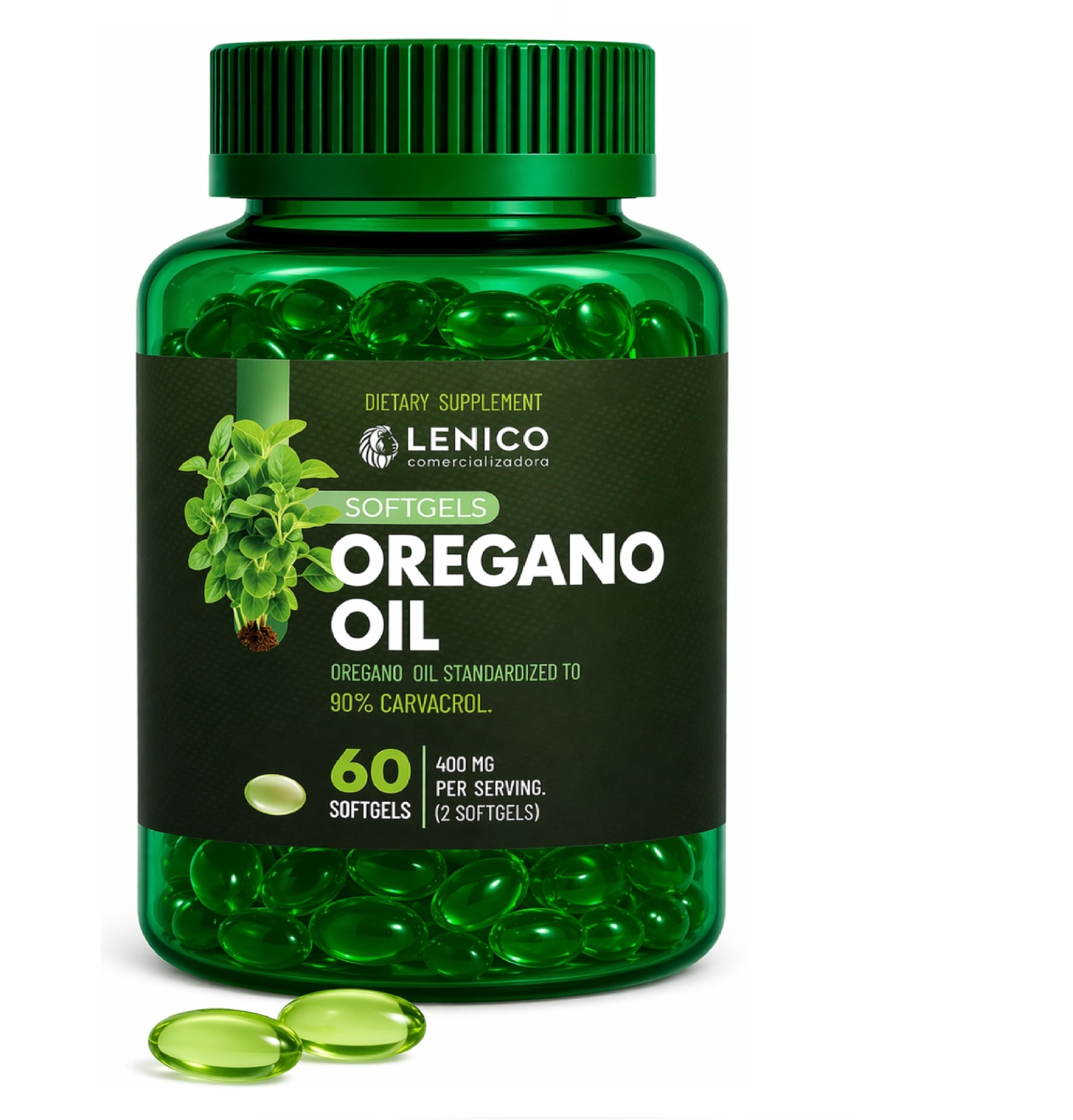 Lenico Comercializadora Oregano Oil Softgels 400 mg per Serving (60 Softgels) - 90% Carvacrol Standardized - Oregano Oil Capsules with Extra Virgin Olive Oil - Herbal Supplement for Daily Use