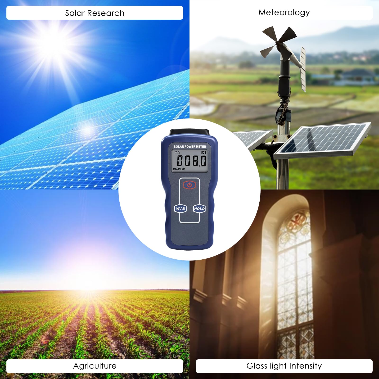 Compteur d'énergie solaire - Haute précision - Irrandiance - Testeur de rayonnement solaire W/m² - Test d'énergie lumineuse - Panneau solaire - Agriculture - Météorologie - Étude d'énergie solaire