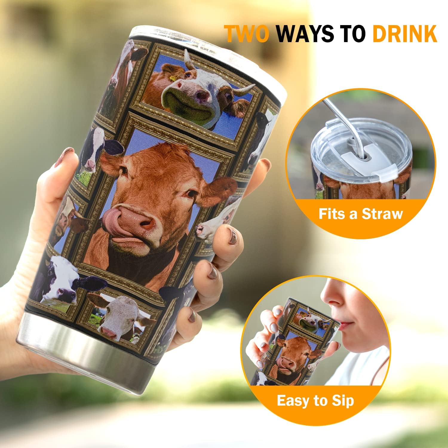 Cow Tumbler Cup with Lid Spill Proof Iced Coffee Travel Mug Insulated Stainless Steel Water Bottle 20 Oz Cold Drink Thermal Cups
