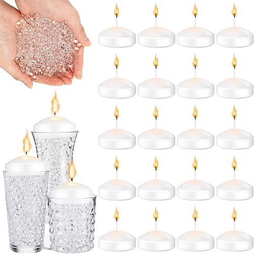 24 velas flotantes de 10 horas de 3 pulgadas con relleno de jarrón de agua, centros de mesa de boda para mesas, cuentas de gel transparentes para