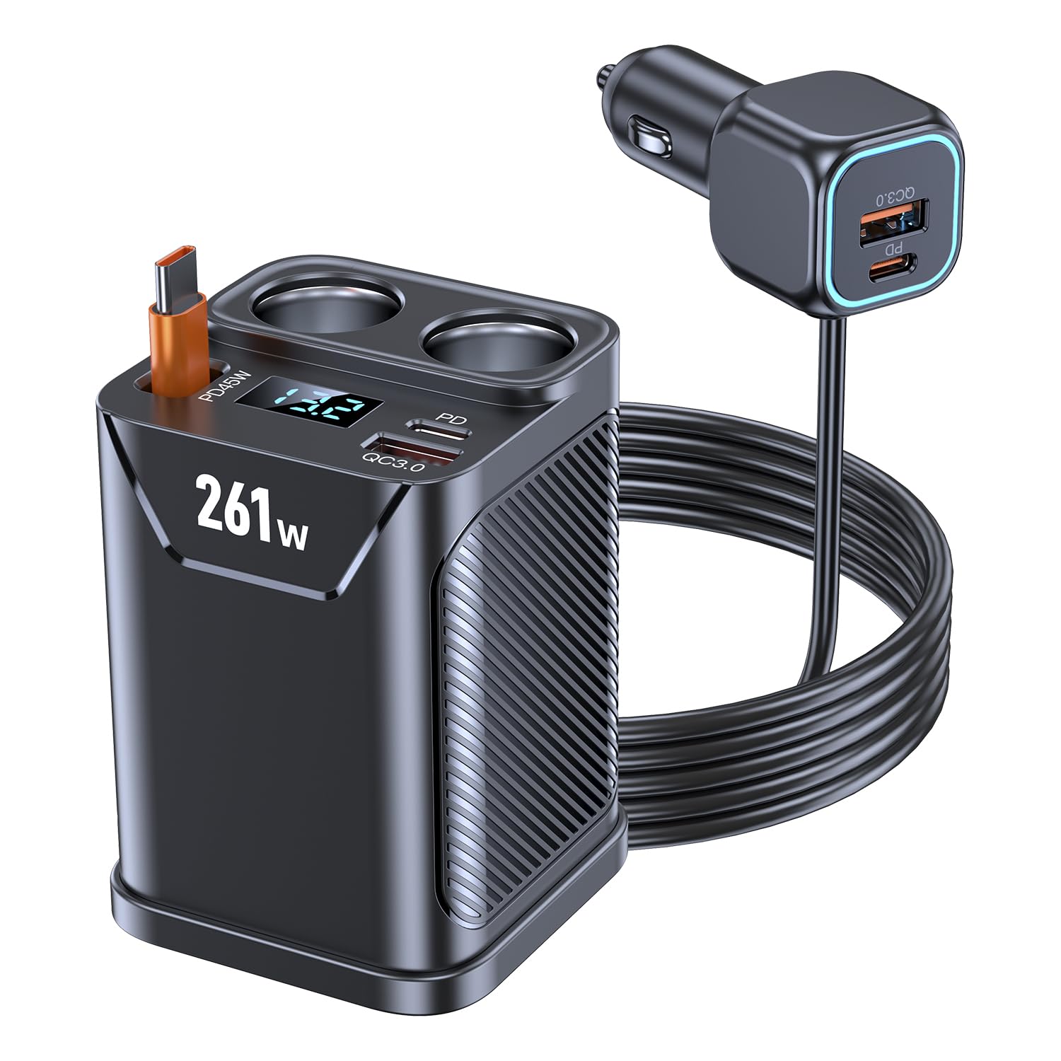 7 en 1 Multi Prise Chargeur Allume Cigare, 261W Charge Rapide Chargeur 12V/24V avec 2 Prise Dual QC3.0 & PD 30W, avec 45W Type-C Câble Rétractable, pour Tablette/Phone/GPS