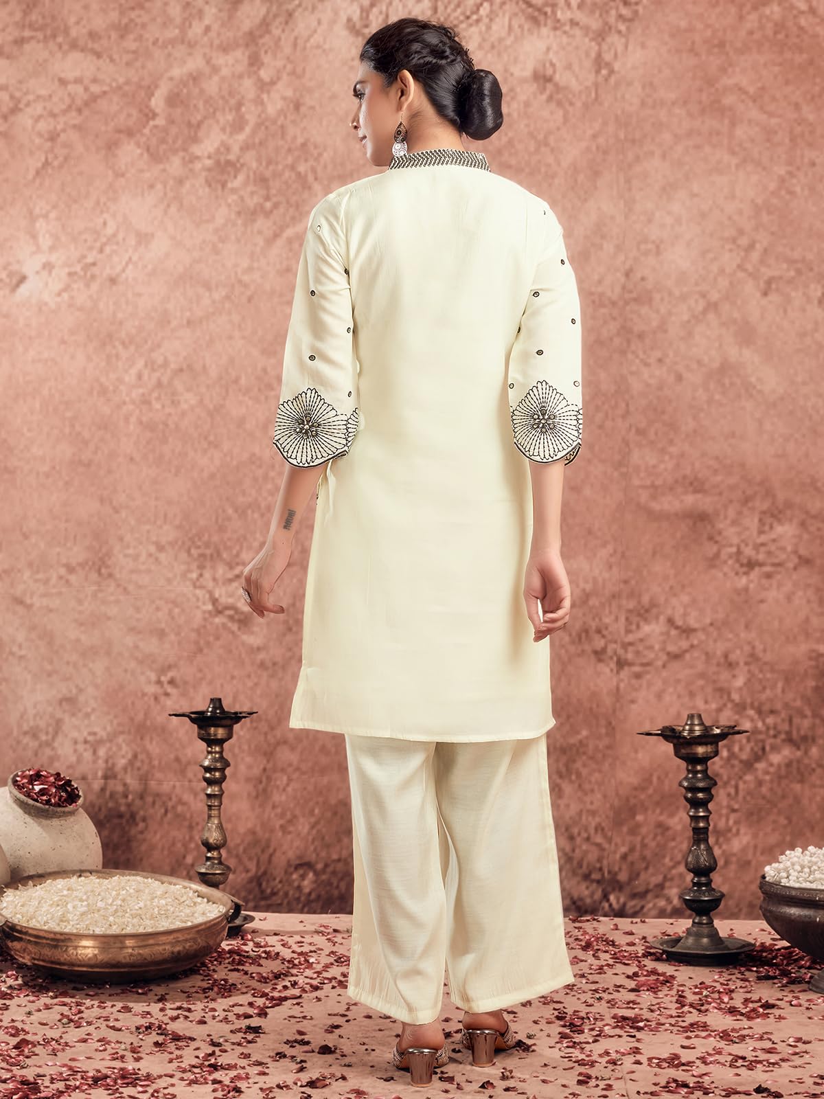 Selvia Co-Ords Set For Women|Silk Blend Kurti And Trouser Set|Ethnic Co-Ords Set For Women|Embroidery Two Piece Co-Ord Set(743Ctk8024N-S_Creme)