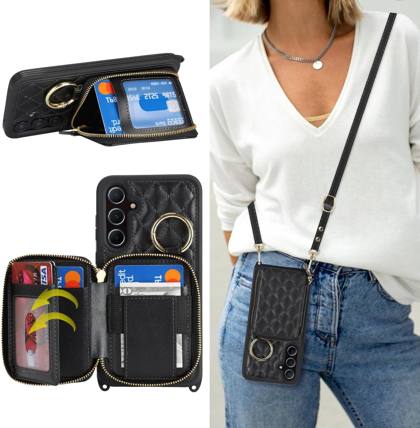 Crossbody Wallet Case for Galaxy A54 5G, PU Leather Zipper Handbag Purse Flip Cover, Kickstand Folio Case with Card Slots Holder Wrist Strap Lanyard -Dark red