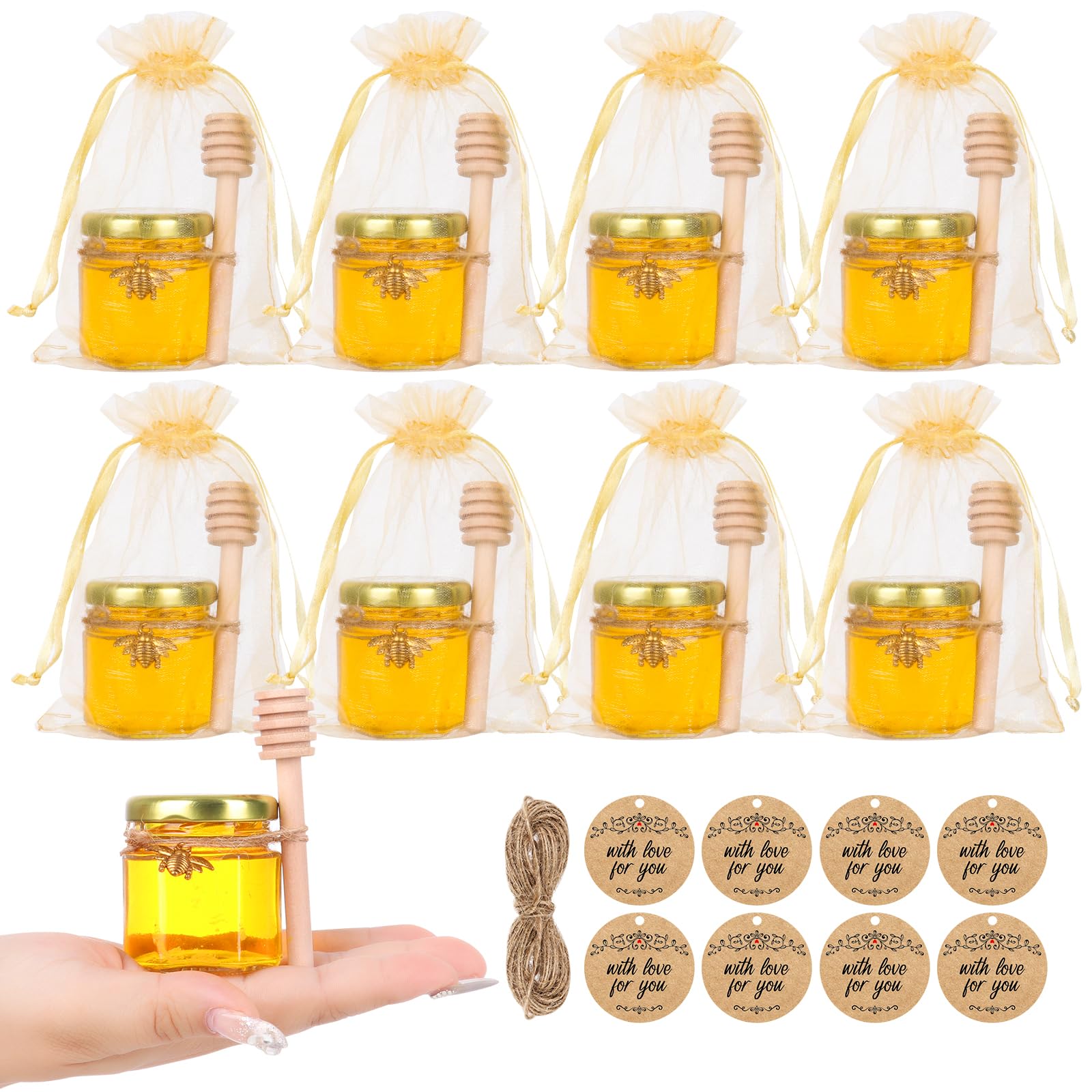 AuroTrends Mini Honey Jars with Dipper 1.5oz 8Pack, Empty Hexagon Honey Jars for Baby Shower Favors/Wedding Favors/Party Gifts- Mini Glass Jars with Gold Lids