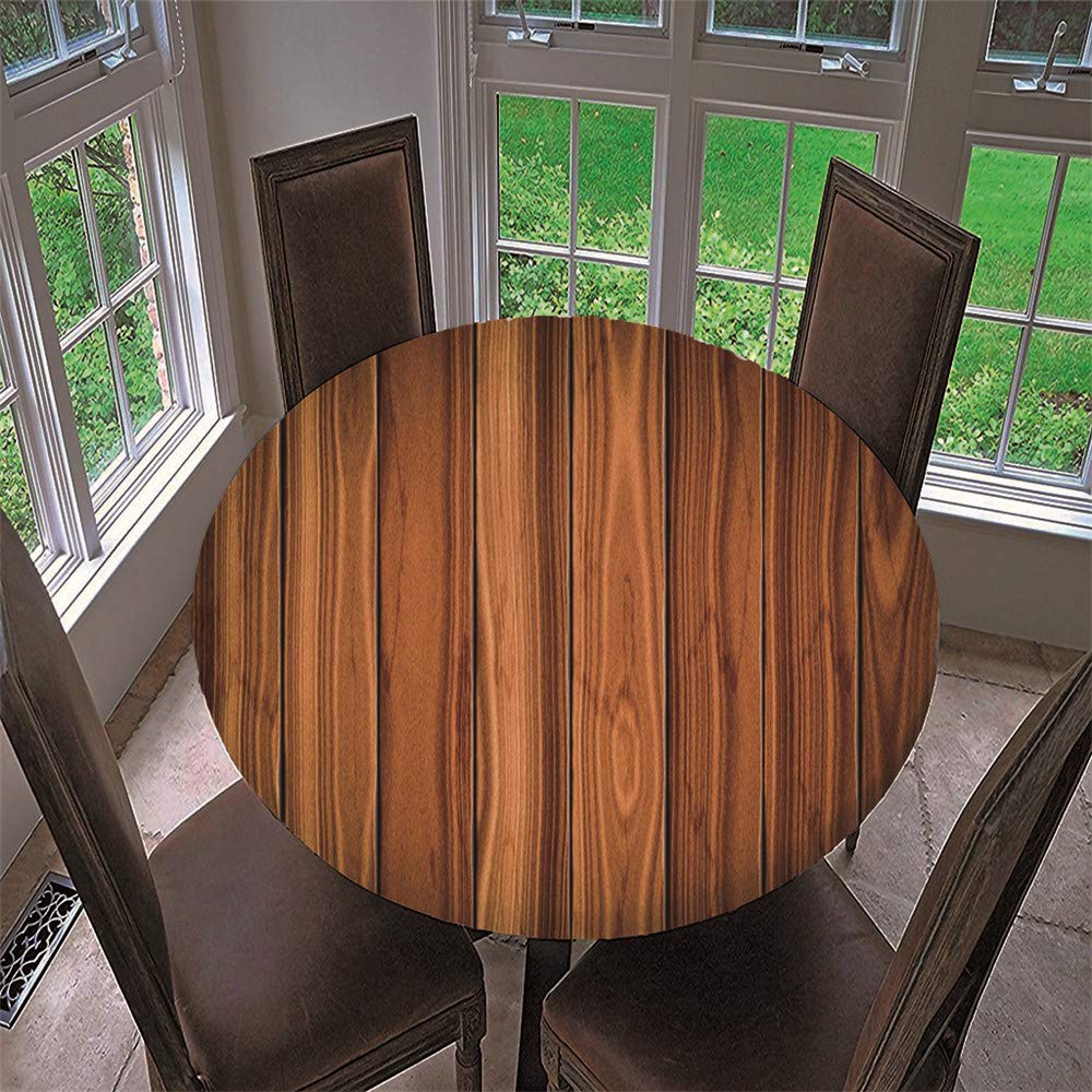 Chickwin Round Fitted Tablecloth Waterproof Dust-Proof Wipe Clean 3D Wood Printing Table Cover Flannel Elastic Edged, Table Protector for Kitchen Patio Dining Room (brown,120cm)