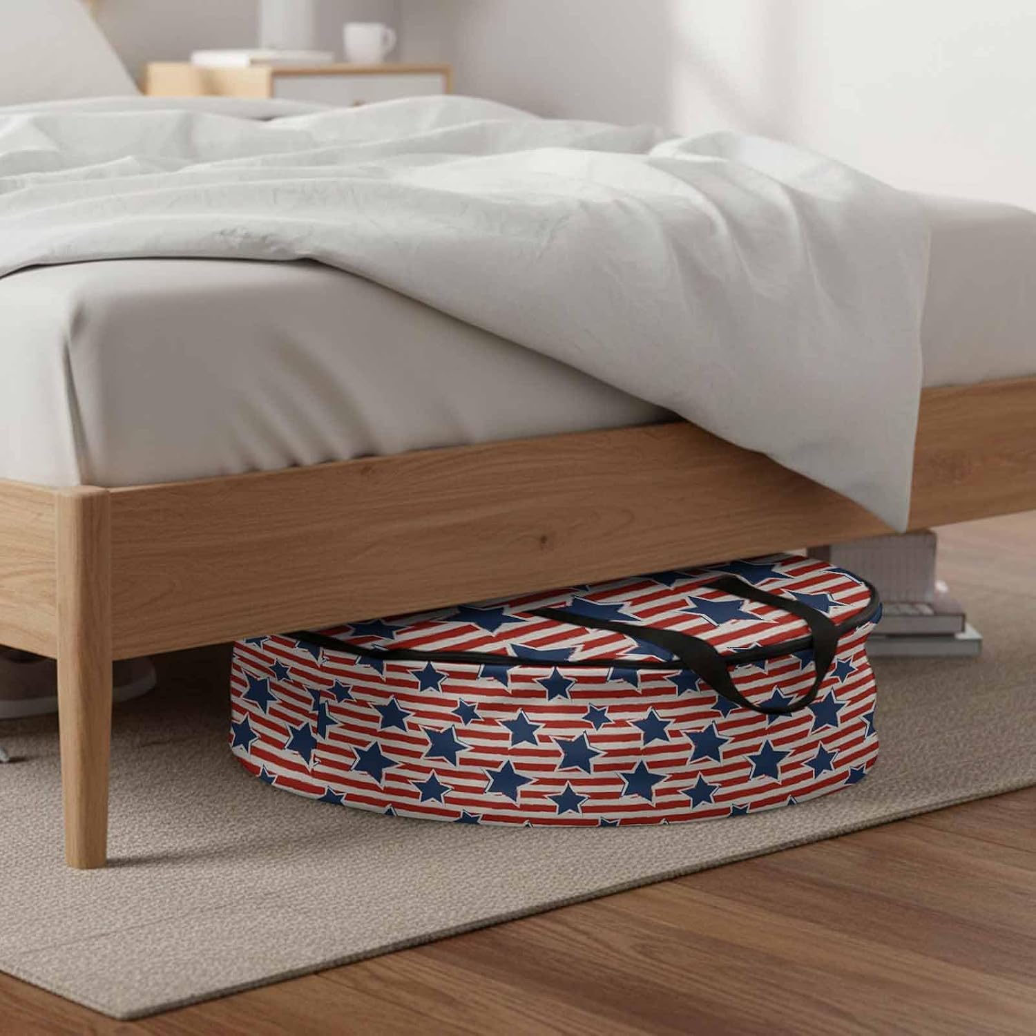 Patriotic Blue Stars Round Storage Bag 30 Inch, 4th of July Memorial Day Red Stripes Clothes Storage Container with Handles Heavy Duty Organizer for Comforter, Bedding & Holiday Wreaths