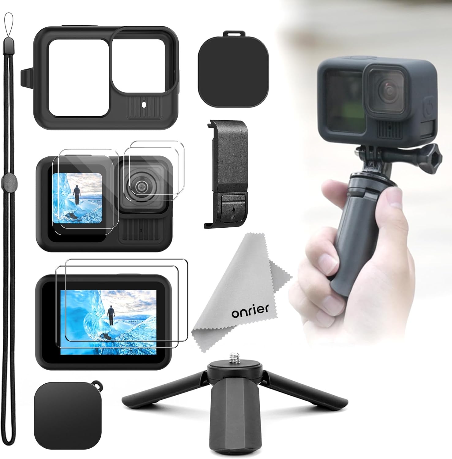 Accessories Kit for Go Pro 13 Black, Silicone Sleeve Protective Case with Lens Cap+ Tempered Glass Screen Protector + Mini Tripod + Battery Side Cover + Lanyard