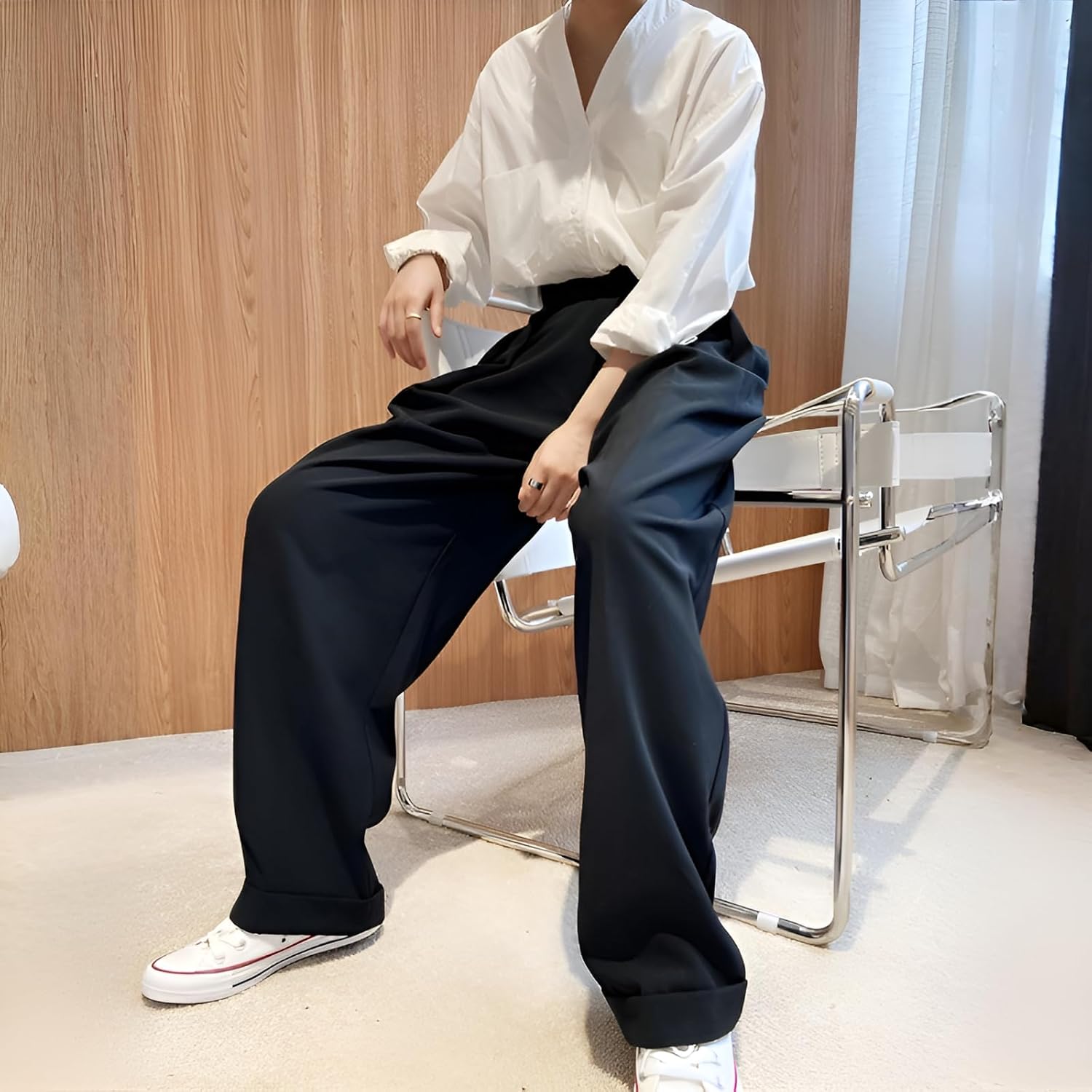 [Snughom] ハイウエスト パンツ マジックテープ式ワイドレッグ - デザイン性 オーバーサイズ ロング丈 斜め前立てデザイン