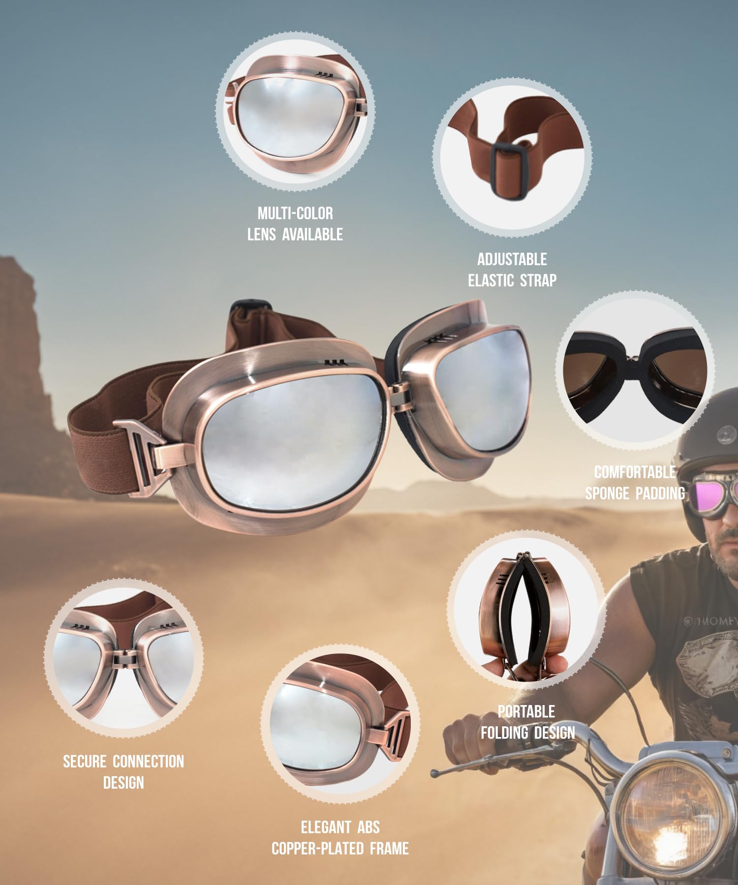 CRG Sports T04 T04ST - Gafas de moto estilo piloto estilo vintage para motocicleta, motocicleta, motocicleta, motocicleta, scooter
