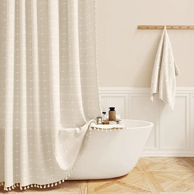 Plaid Shower Curtain - Boho Farmhouse Linen with Tassel, Beige/Cream