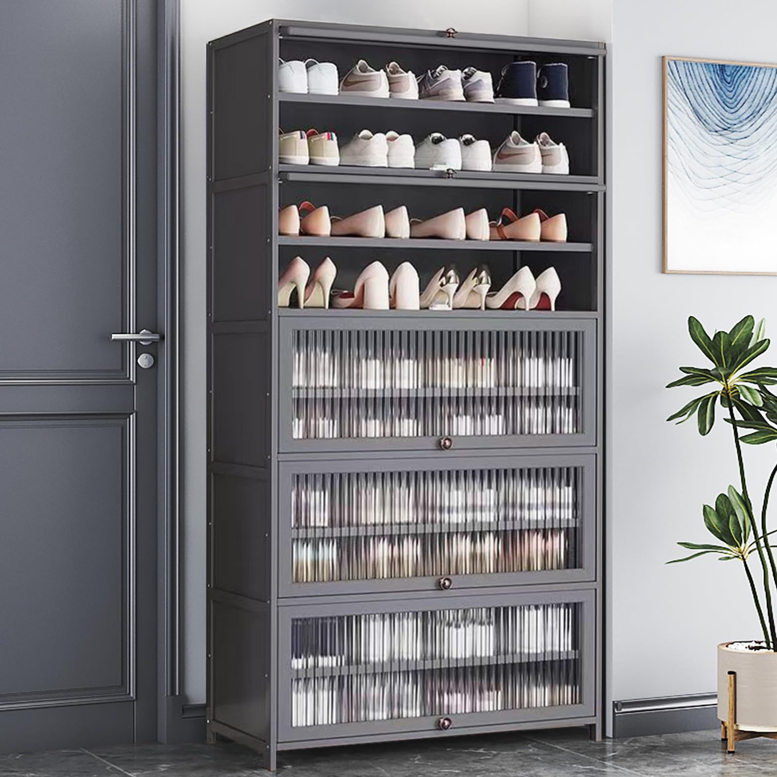 walkclpck Bamboo Shoe Cabinet with Acrylic Door,10-Tier Shoe Storage Rack, 40-45 Pairs Freestanding Shoe Rack, Entrance Shoe Cabinet for Hallway