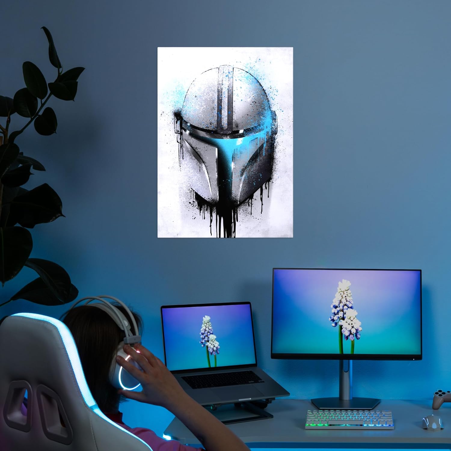 Displate Metal Poster Star Wars - Mandalorian Helmets Graffiti - Blue Helmet - The Black Series - Collectible Gift - Premium Decorations Wall Art Decor Gifts Movie Posters - 12.6x17.7 in