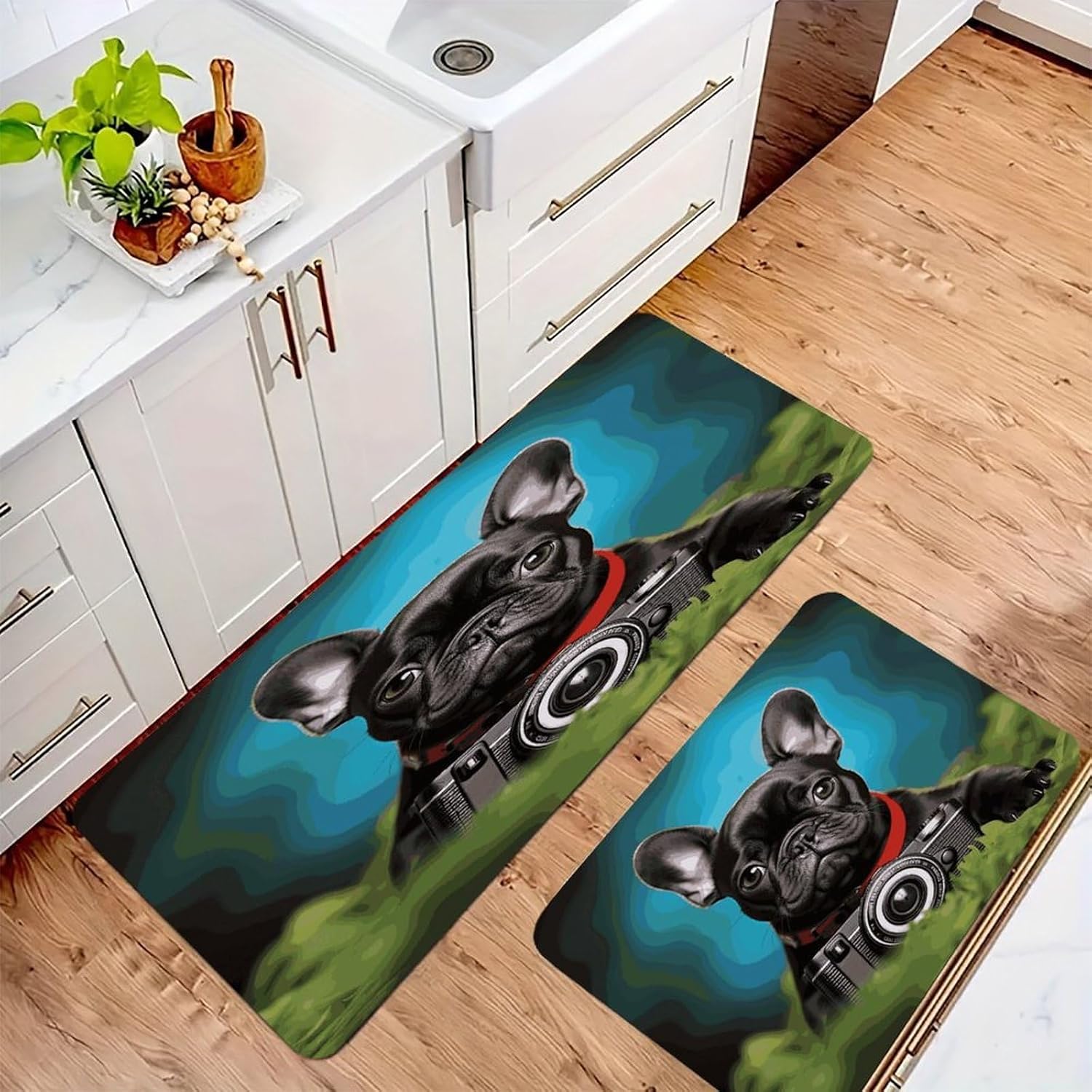 French Bulldog Puppy with Camera Kitchen Mats with 2PCS Non-Slip Washable,Kitchen Rug Heavy Duty Durable, Floor Mats for Kitchen,Office,Sink,Laundry