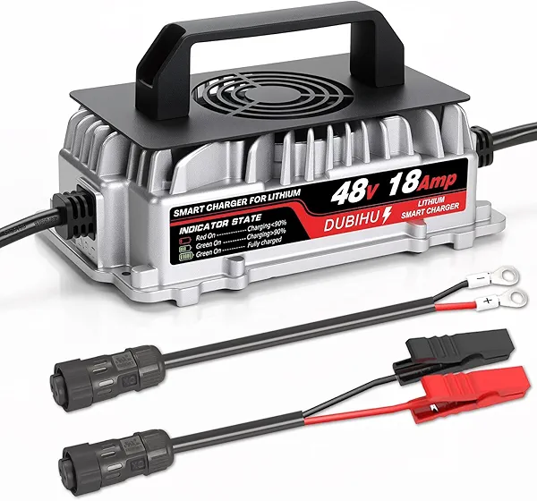 DUBIHU 58.4V 18A Lithium Battery Charger for 48V LiFePO4 Battery, Waterproof Connector with M8 Ring & Alligator Clip, for Golf Carts, RVs, 48V Trolling Motors