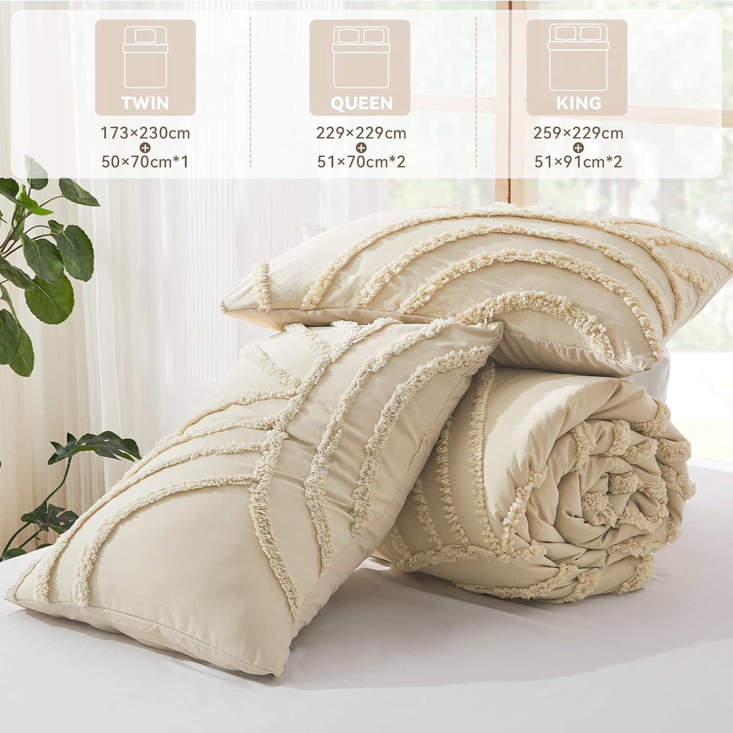 ENJOHOS Boho Queen Comforter Set Beige Tufted Rainbow Bedding for Queen Size Bed, Boho Chic Decor, 3 Pieces Lightweight Fluffy Soft Microfiber Cream Comforter with 2 Pillow Cases for All Season