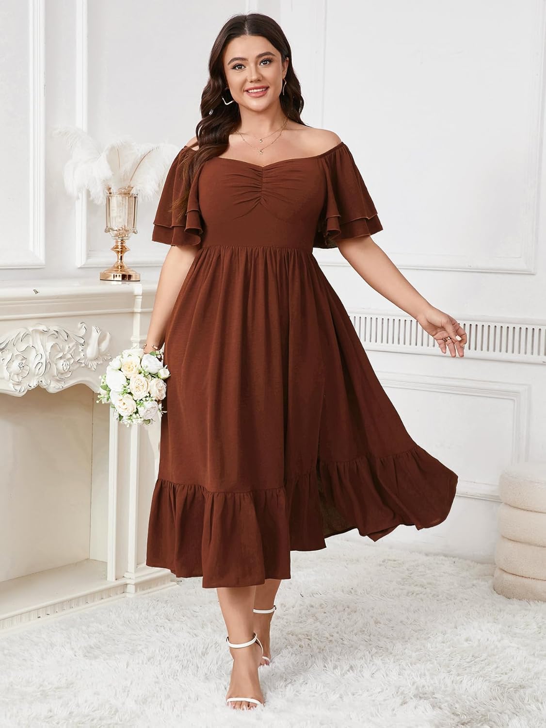 SCOMCHIC Womens Plus Size Wedding Guest Cocktail Dresses Sweetheart Neckline Short Sleeve Smocked Ruffle Slit Maxi Dress - Image 5