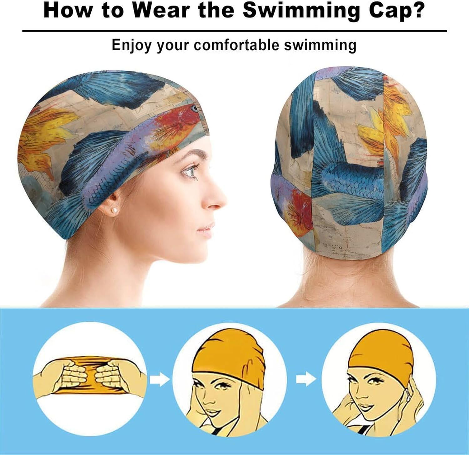 Guppy Fish Ocean Vintage Newspaper Womens Swim Cap for Men Adult Swimming Hat Curly Short Medium Long Hair